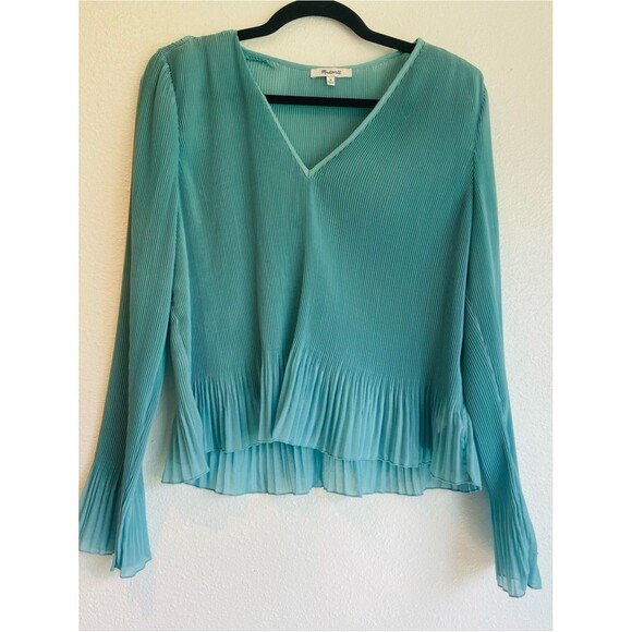 Madewell Tops - Madewell Womens Teal Pleated V-Neck Long Sleeve Blouse Flare Sleeve Elegant